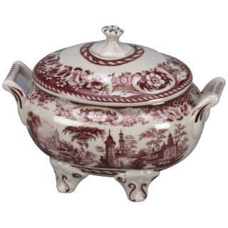 Red and White Porcelain 10" Wide Tureen with Lid   #R3239