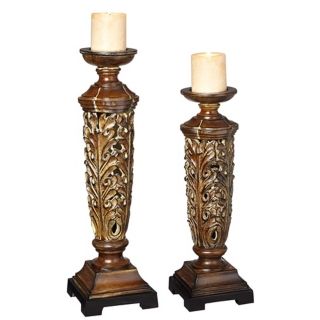 Set of 2 Wood Look Ornate Candle Holders   #V5471