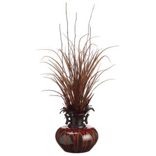 Grass and Feathers in Ceramic Vase Faux Flower Arrangement   #N6754