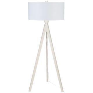 Lights Up Woody Pickled White Linen Shade Floor Lamp   #T2978