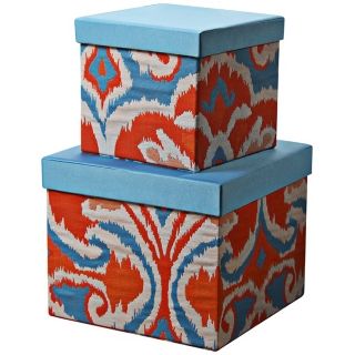 Set of 2 Ikat Orange / Blue Square Decorative Boxes   #V9922