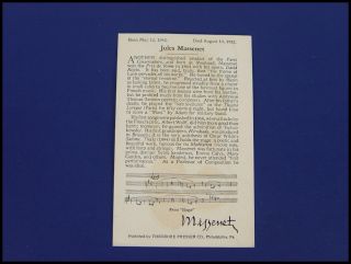 Composer Jules Massenet T Presser Reward Card Birthplace Music 1946