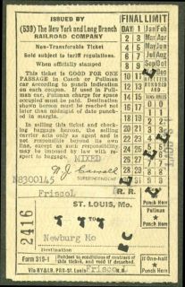 NY Long Branch RR St Louis Newburg Frisco Ticket 1964