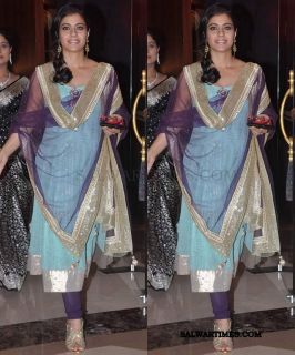 Indian Bollywood Actress Kajol`s Heavy Anarkali Suit with Silver Broad