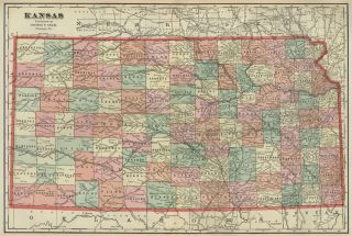 Kansas Map 1899 Counties Towns RRs Topography