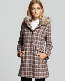 Juicy Couture Alice Plaid Coat with Faux Fur Trim