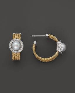 Hoop Earrings with Pearl and Diamonds, 0.18 ct. t.w.