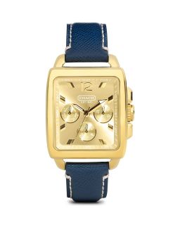 COACH Boyfriend Square Gold Plated Watch with Navy Strap, 32mm