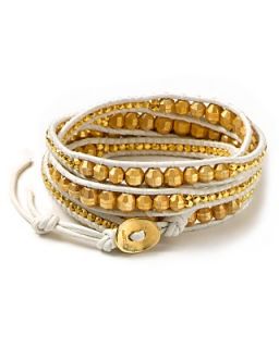 Chan Luu White Leather and Goldtone Bead Wrap Bracelet, 32