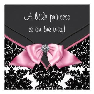 Black Damask Pink Bow Princess Baby Shower Invitations