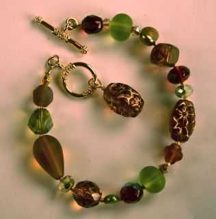 Diane Katzman 7 Charm Bracelet Green & Earth Brown Glass Beads Toggle