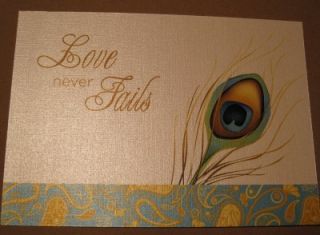Love Never Fails Peacock Feather White Paisley Card