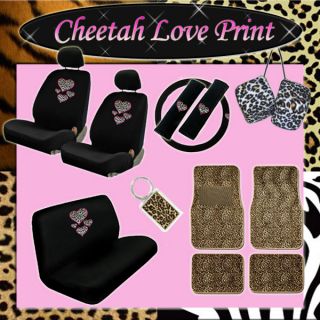 Cheetah Tan Hearts Front Seat Cover Rear Bench Floor Mats Fuzzy Dice