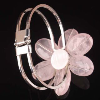 Fine Rose Quartz Silver Plated Flower Cuff Bracelet Bangle