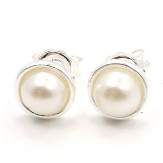 Silver Filled 925 White Bezel Pearl Earrings Kids Girl Baby 6mm