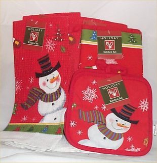 PC Kitchen Towels Hot Pads Oven Mits Red Frosty Snowman Holiday Set