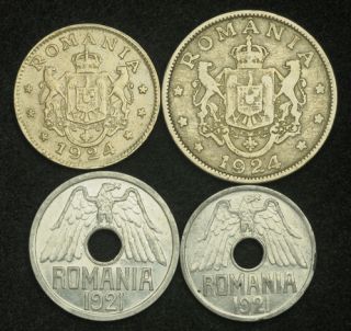 1921 1924 Romania Kingdom Ferdinand I 25 50 Bani 1 2 Lei Coins 4pcs