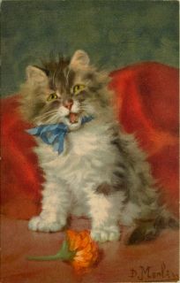 Merlin Artist Signed 1930s Cat Kitten Flower Portrait #1 Vintage