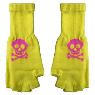 Goth Punk Rock 80s Japan Hot Pink Skull Yellow Fingerless Knit Gloves
