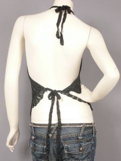 Sexy Black Knit Crochet Tie Back Halter Top Vest M
