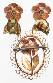 Vintage Krementz GF Gold Filled Rose Green Gold Pin Earrings Set Roses
