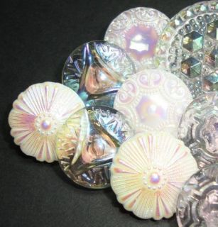 15 Lacey Pink White Czech Glass Buttons Mixed Lot Iridescent Luster