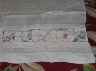 Antique Irish Damask Linen & Lace Guest Towel~Splasher~3 Leaf Clover