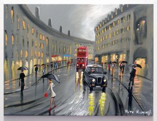 Pete Rumney Art London Downpour Black Taxi Cab Red Bus Umbrellas Rain