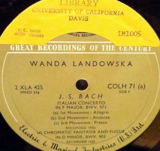 Bach Landowska JC Bach Italian Concerto in F Cohl 71