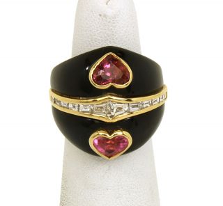 18K Gold Diamonds Black Onyx Heart Cut Gems Ladies Stylish Ring