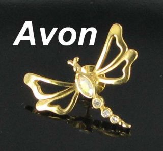 Avon Dragonfly Lapel Pin Aurora Borealis Rhinestones Gold Tone Bug