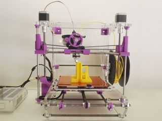 LAKERS 3d printer front view purple with yellow printed object