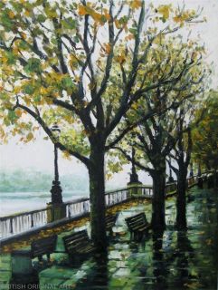 Oil Painting London Autumn Trees Walk Embankment River Thames Original