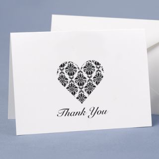 50ct Black White Damask Heart Thank You Cards Envelopes Wedding Bridal