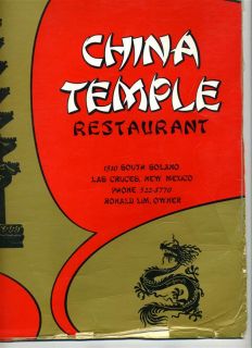 China Temple Chinese Restaurant Menu Las Cruces New Mexico 1980