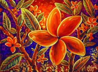Original Painting Garden Hot Lava Plumeria Flowers Polynesian