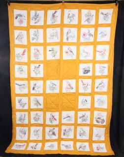 L471P Vtg Yellow Quilt Hand Embroidered 50 USA State Birds Blocks