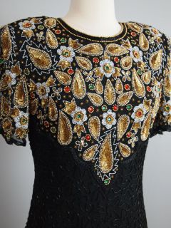 Vtg 80s Lawrence Kazar Silk Cutout Beaded Trophy Dress Mini Glam