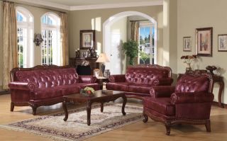 Traditional Burgundy Tufted Leather Sofa Loveseat Chair