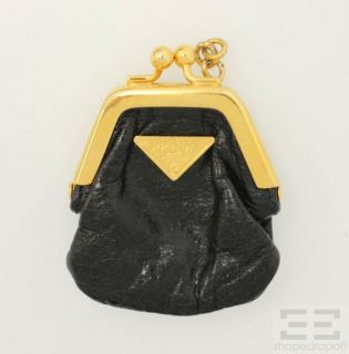 Prada Black Gold Leather Mini Kiss Lock Coin Pouch