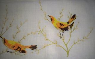 Vintage Leacock Linen Tablecloth Yellow Birds in Pussywillow Branches