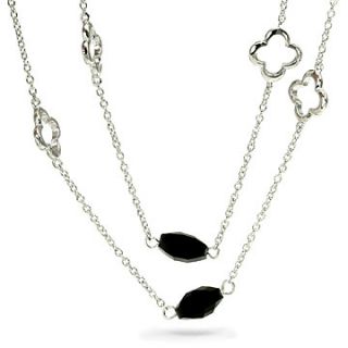 Black Onyx Gemstone CZ 4 Leaf Clover Charm 60 Necklace