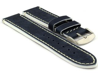 22mm Navy Blue White Genuine Leather Watch Strap Band Porto
