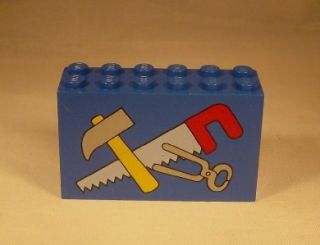 Lego   2x6x3 Blue Brick w/ Printed Tools Pattern   Saw, Hammer, etc