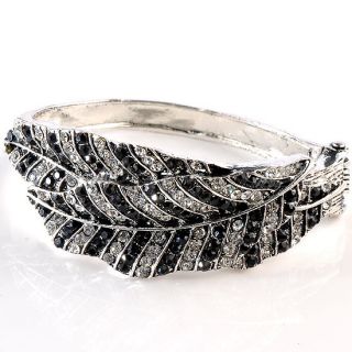 Tone Black Clear Crystal Leaf Hinged Bracelet Bangle Jewelry