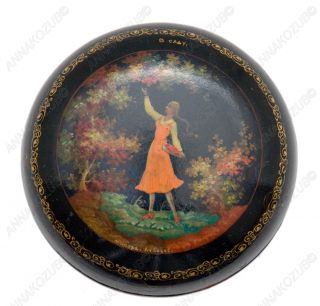 RUSSIAN LACQUER Mstera Round Painted BOX for JEWELRY marked LEBEDEV