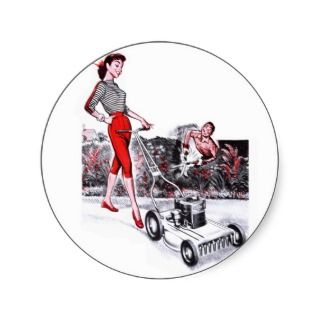 Kitsch Vintage Lawn Mower Pin Up Girl Round Sticker