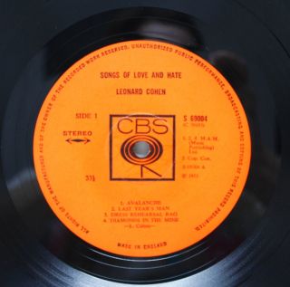 Leonard Cohen Songs of Love and Hate Vinyl LP Orange CBS s 69004 1970