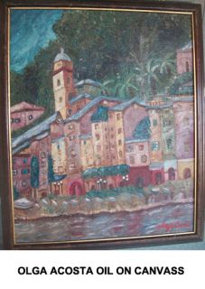 Olga Acosta Oil on Canvass My Town Framed Signed