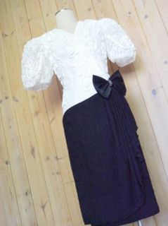 80s Leslie Fay Cockatil Party Gown Lace Sheath PUFF Sleeves Prom Sz M